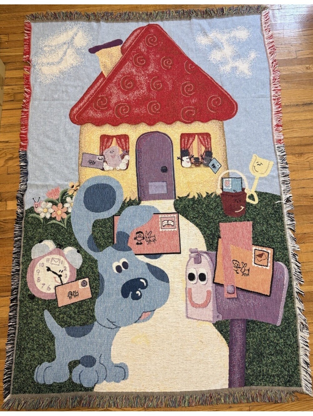 Vintage Blue's Clues Tapestry Woven Throw Blanket Mailtime 68" x 45" Fringe Flaw